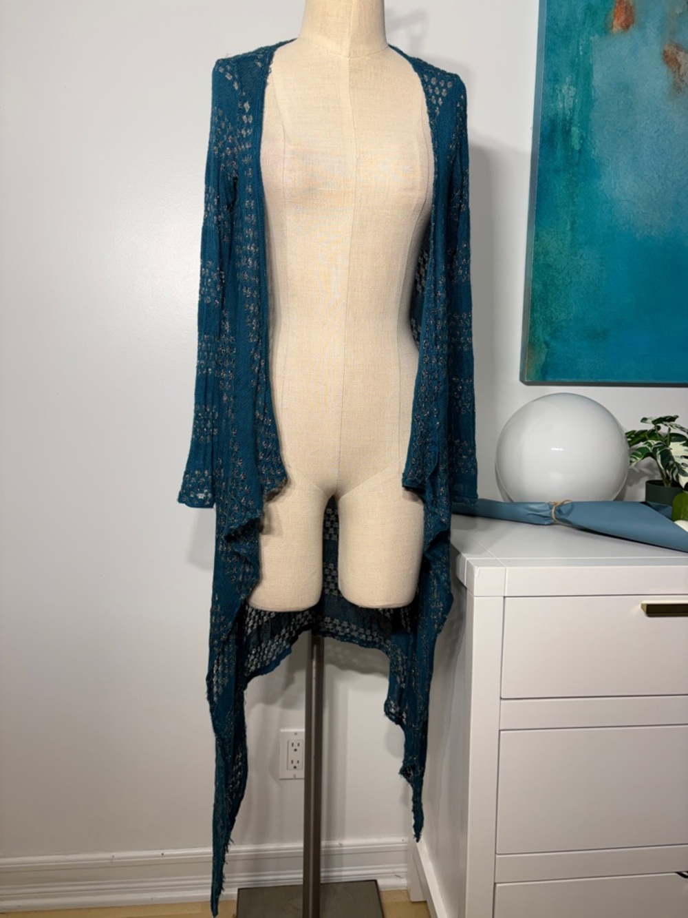 Canari Teal Openwork Drape Cardigan